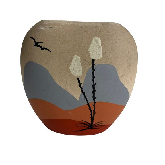 VINTAGE Ceramic Southwestern Desert Scenic floral Bird Vase